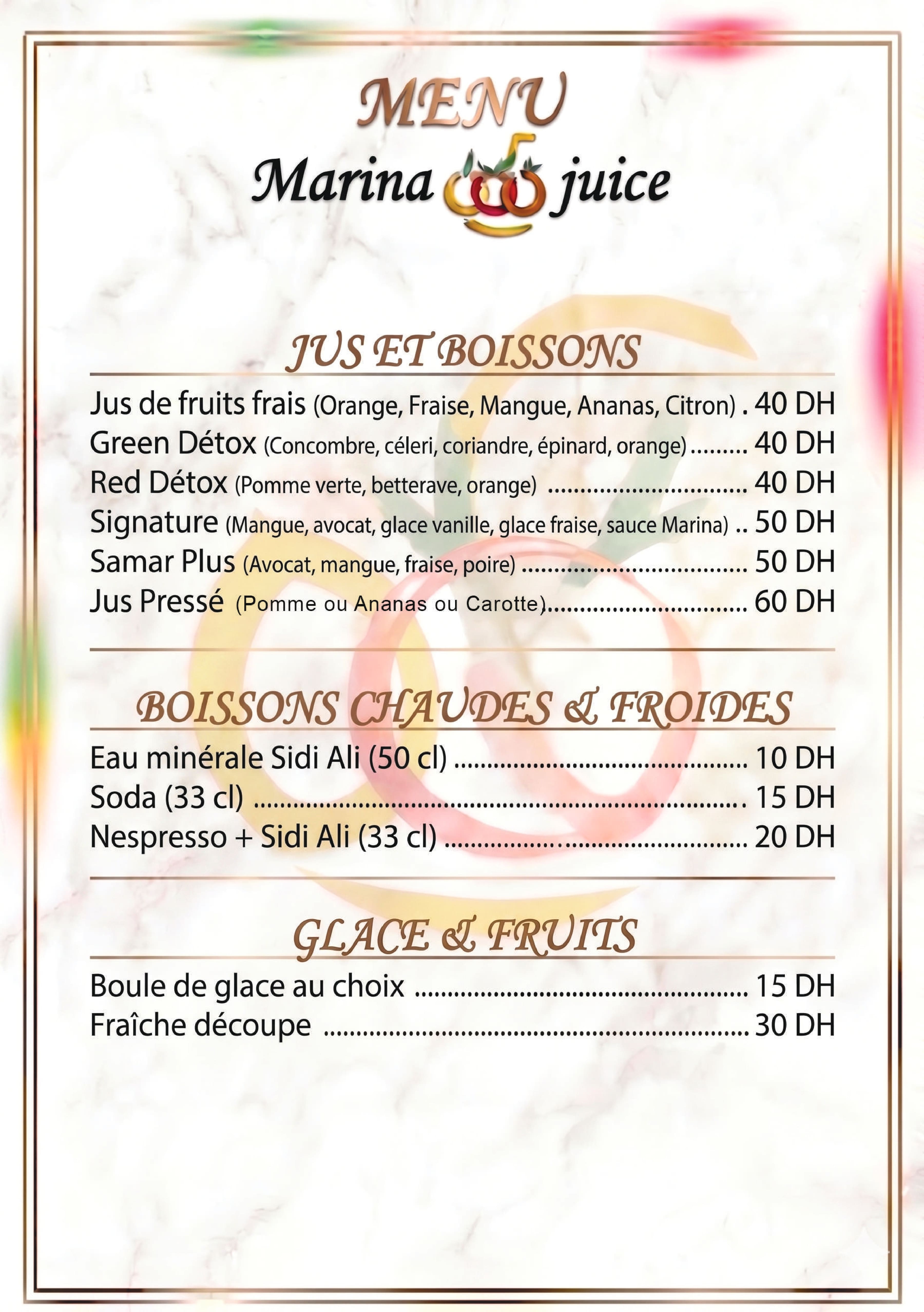 Visuel du menu boissons Marina Juice