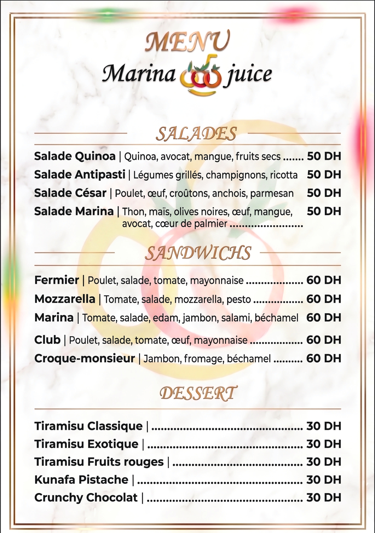 Visuel du menu food Marina Juice